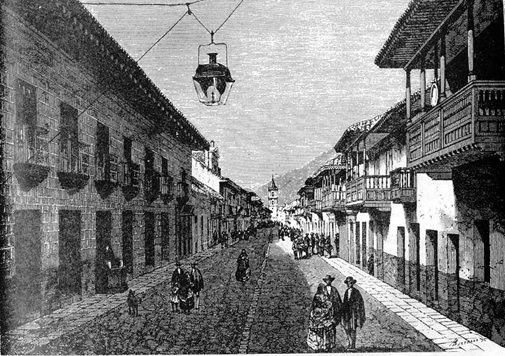 Calle_real_de_Bogota_en_1869_dibujo_de_Therond